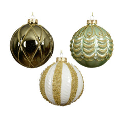 Decoris Glass Bauble with Gold Glitter 10cm - Green/White (3 Assorted)