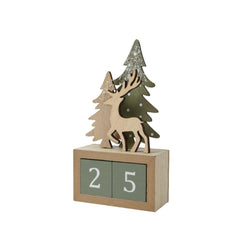 Decoris Plywood Advent Calendar with Reindeer & Trees 18cm - Natural/Green