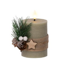 Lumineo BO Led Wax Candle with Leaves Decorations 7.5 x 13cm - Green/Warm White