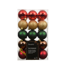 Decoris Shatterproof Baubles Box of 30 Pieces 6cm - Red, Gold, Green and Brown