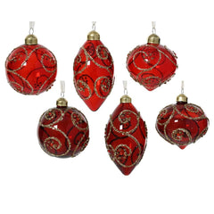 Decoris Glass Bauble with Glitter Swirls 8cm - Red (6 Assorted)
