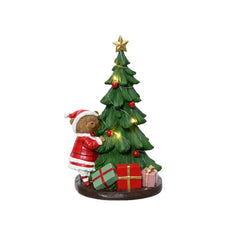 Lumineo BO Polyresin Tree with Red Bear and Gifts 27.5cm - Green