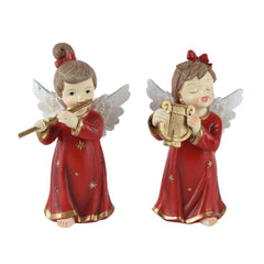 Decoris Polyresin Angel Figure with Flute or Harp 14.7cm - Red (2 Assorted)