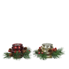 Kitchen Goods Glass Tealight Holder with Wreath and Berries 12cm - Red/Gold (2 Assorted)