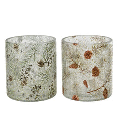 Kitchen Goods Glass Tealight Holder with Pinecones Print 13cm - Clear (2 Assorted)