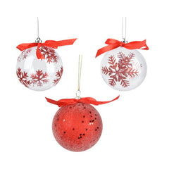 Decoris Polystyrene Transparent Bauble with Snowflakes 8cm - Red (3 Assorted)
