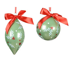 Decoris Glass Bauble with Red Bow and Red Berry Print 8cm - Green (2 Assorted)