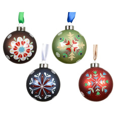Decoris Glass Bauble with Folk and Snowflake Print 8cm - 8 Assorted