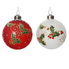 Decoris Glass Bauble with Frosted Finish, Berries and Glitter 8cm - 2 Assorted