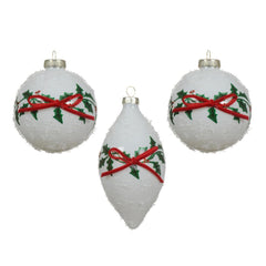 Decoris Glass Bauble with Snow Finish and Red Bow 8cm - Winter White (3 Assorted)