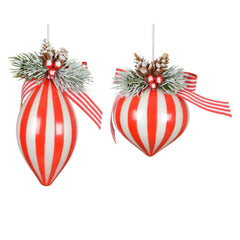 Decoris Glass Bauble Striped with Pinecone and Berries 8cm - Red/White (2 Assorted)