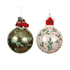 Decoris Glass Bauble with Car on Top 8cm - 2 Assorted