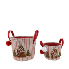 Decoris Polyester Basket with Pompoms Set of 2pc - Beige