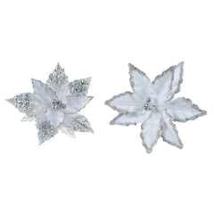 Decoris Velvet Clip-on Poinsettia with Silver Edge 27cm - White (2 Assorted)