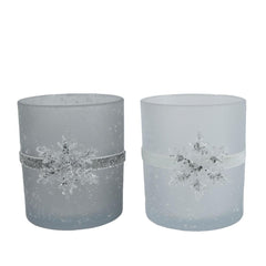 Kitchen Goods Glass Tealight Holder with Snowflake 10cm - Silver/White (2 Assorted)