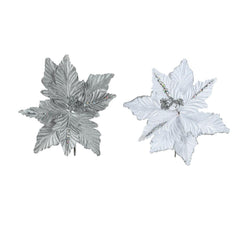 Decoris Velvet Clip-on Poinsettia 24cm - White/Silver (2 Assorted)