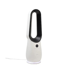 White handheld fan with black handle on a white background