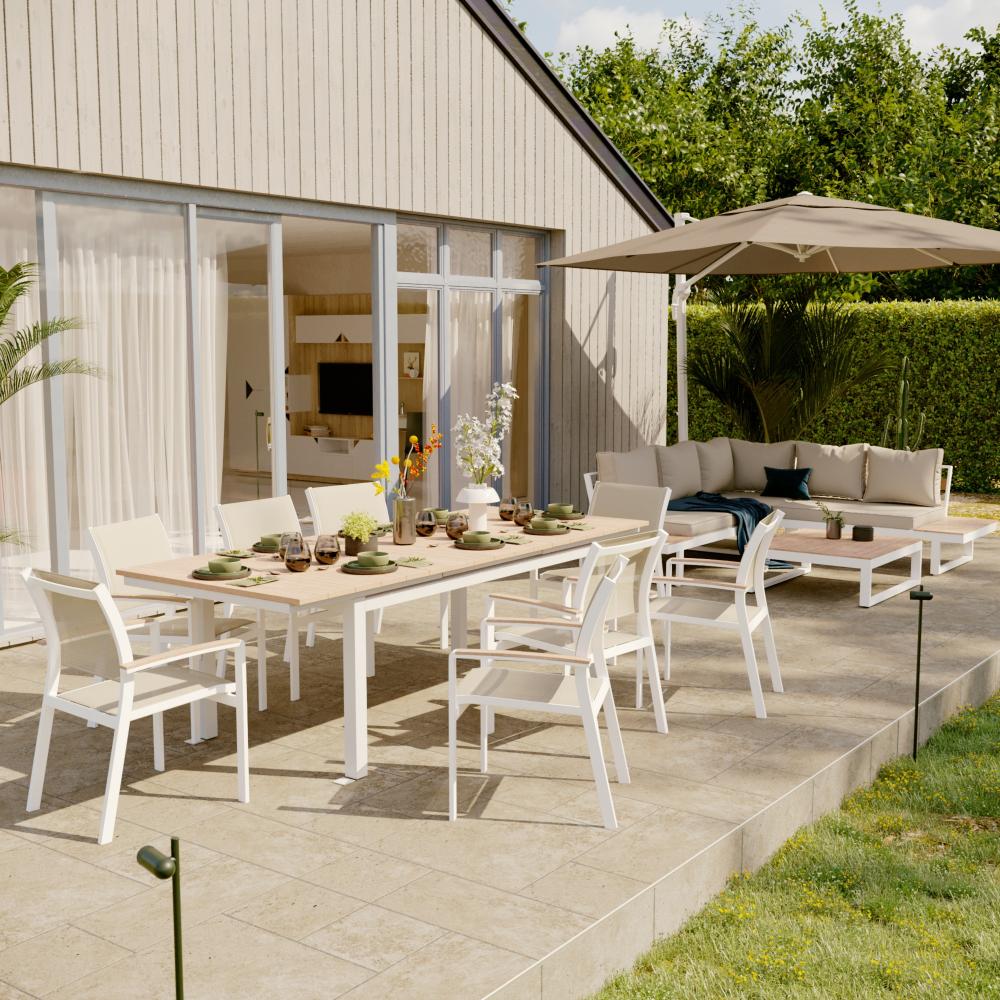Naterial Clara Dining Set With 8 Armchairs - Table 2x1m Aluminum Synthetic Wood - White