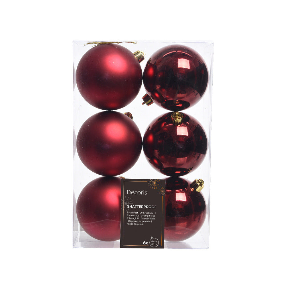 Decoris Shatterproof Baubles Box of 6 Pieces 8cm - Oxblood