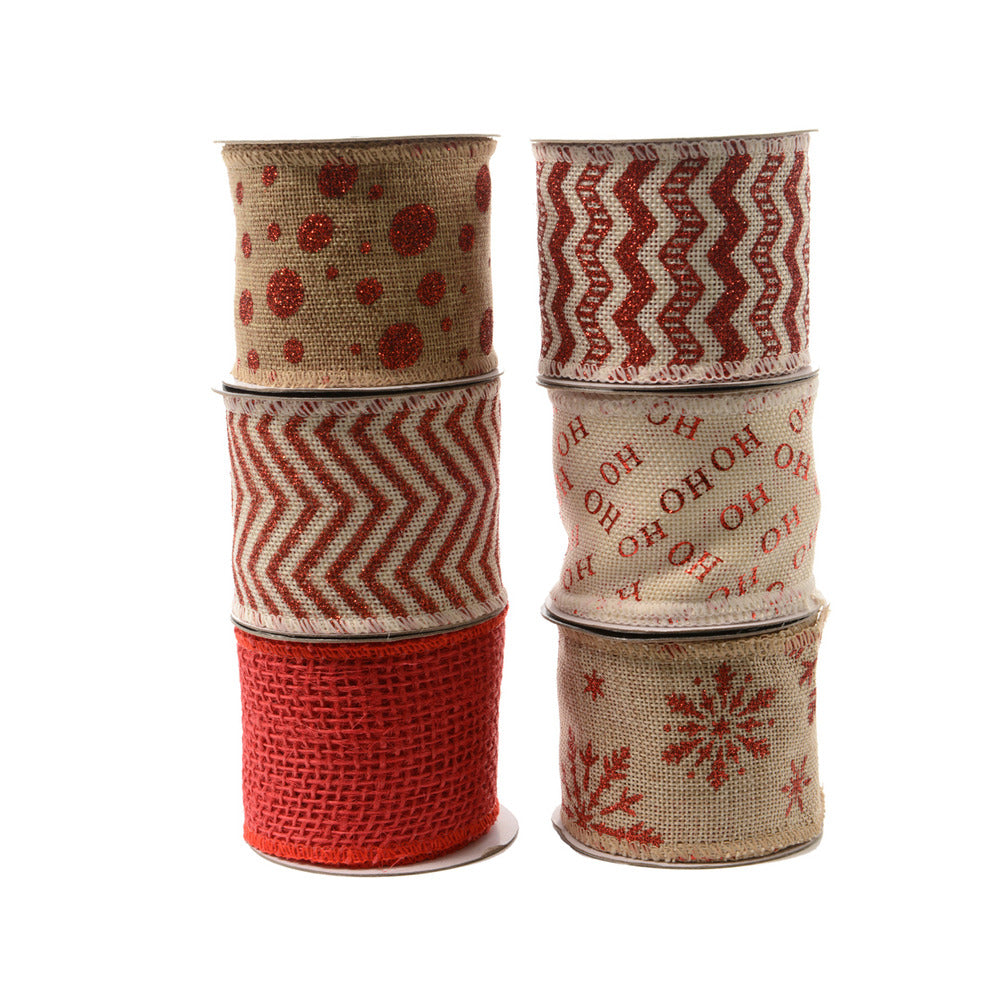 Decoris Jute Ribbon with Red Design 6 x 270cm - 6 Assorted