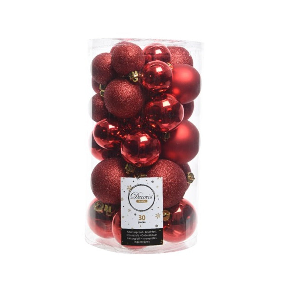 Decoris Shatterproof Baubles Tube of 30 Pieces Mixed Sizes - Christmas Red