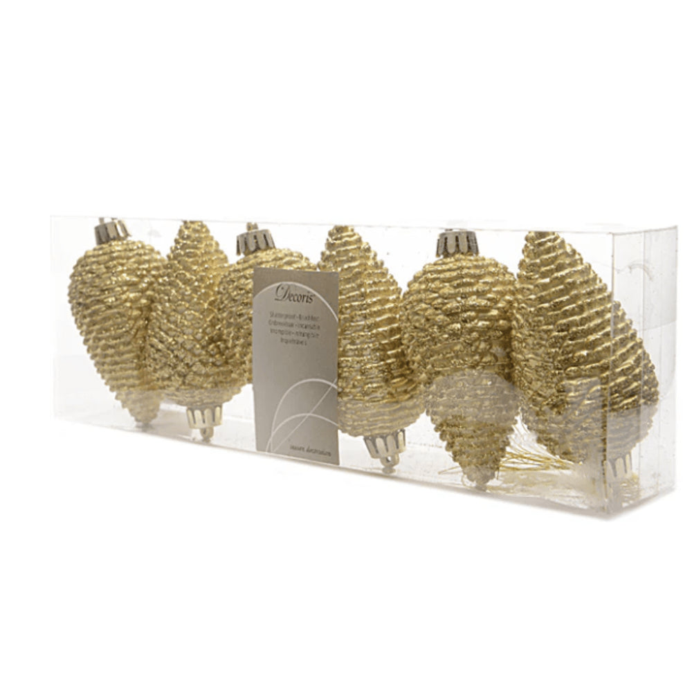 Decoris Shatterproof Pinecones Set of 6 Pieces 8cm - Light Gold