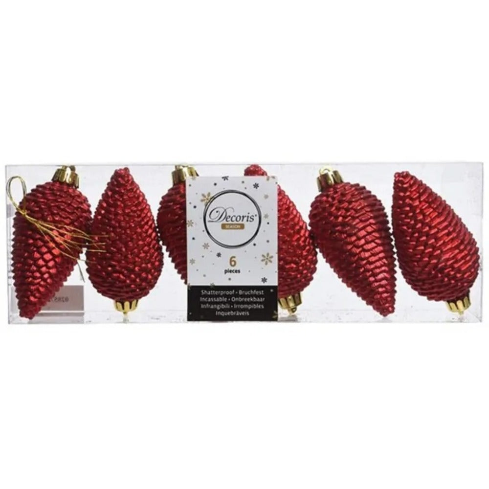 Decoris Shatterproof Pinecones Set of 6 Pieces 8cm - Christmas Red