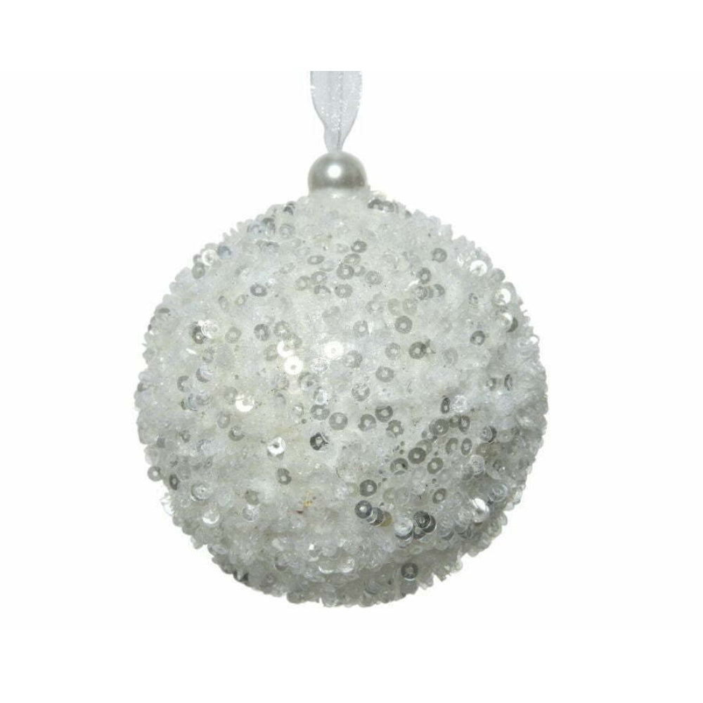 Decoris Hanging Foam Bauble with Glittery Sequins Finish 8cm - White