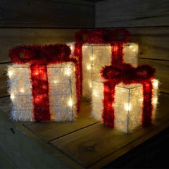 Lumineo BO Gift Box Set of 3 Tinsel with Bow - White with Red