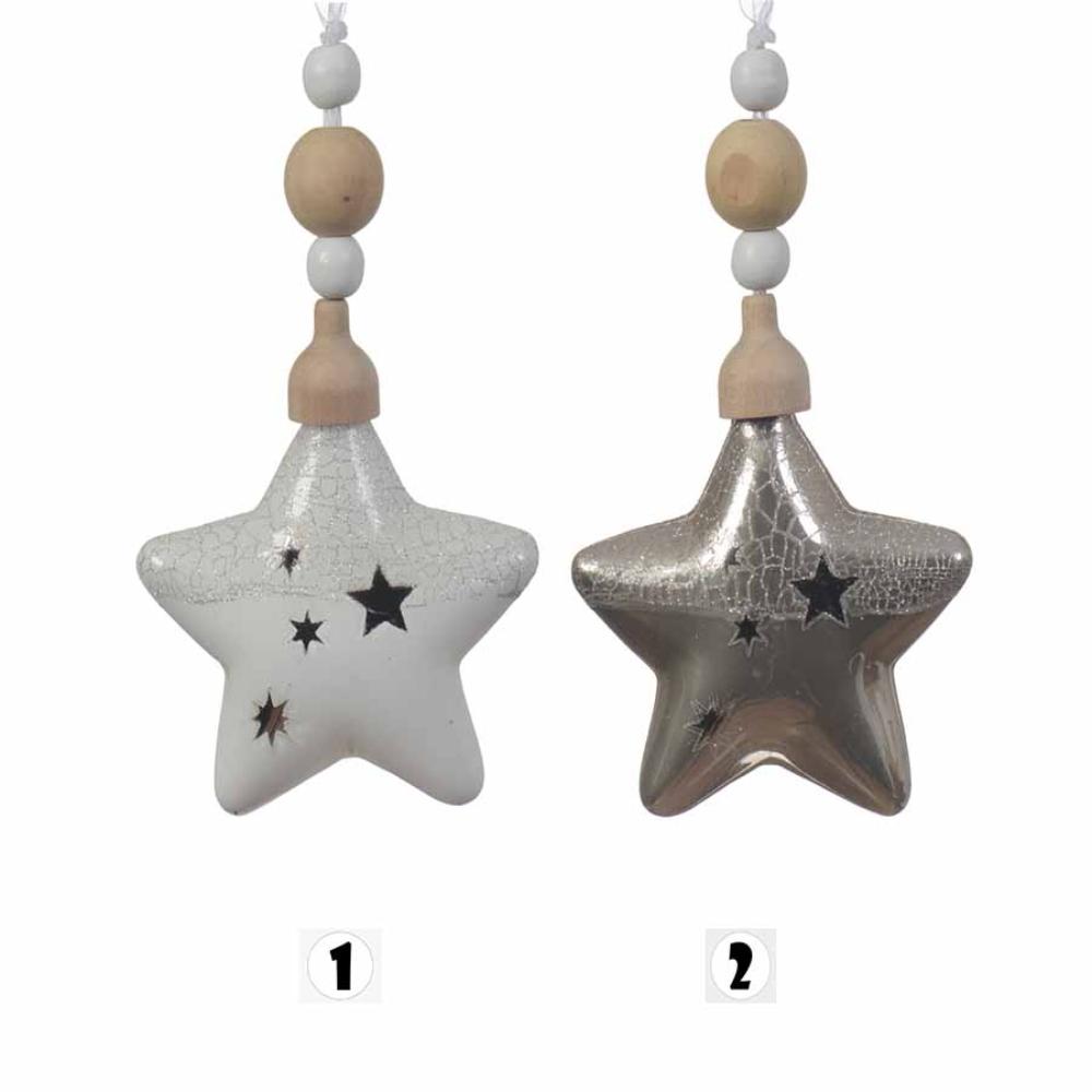 Decoris Glass Hanging Star with Stars and Wooden Bead - 2 Assorted Colours
