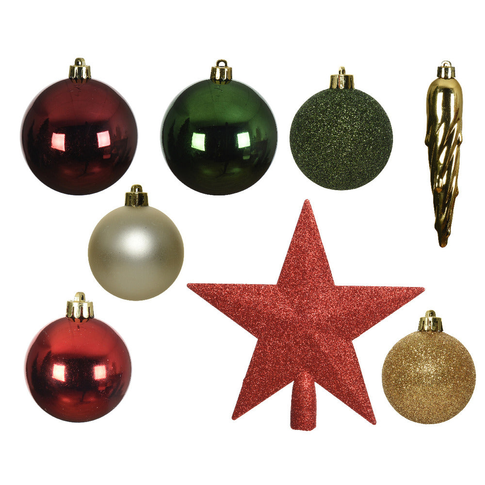 Decoris Shatterproof Bauble Set of 33 Pieces with Tree Topper - Red Mixed Colours