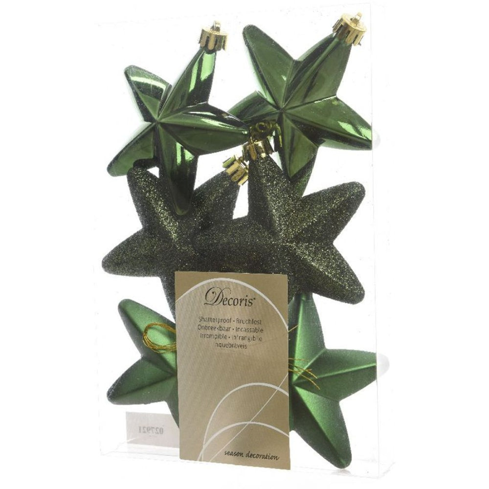 Decoris Shatterproof Star Baubles Box of 6 - Pine Green