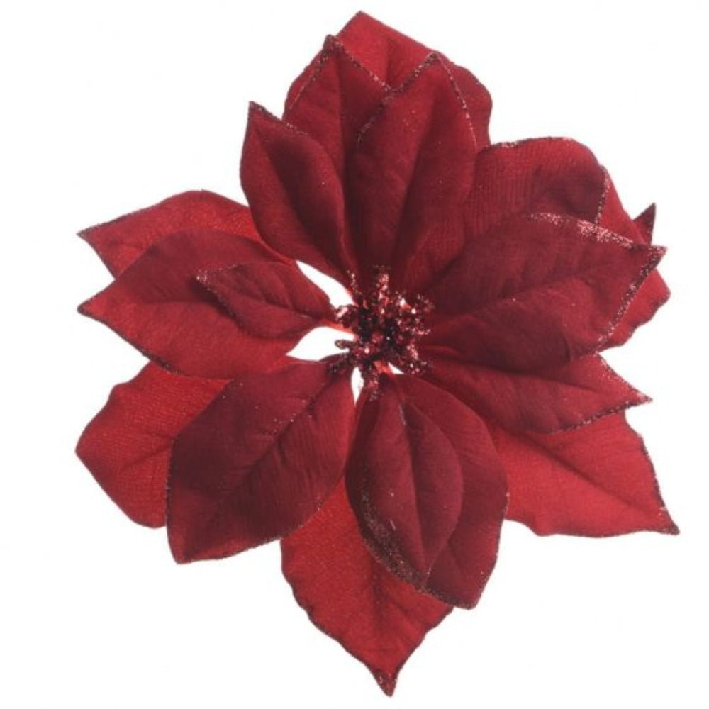 Everlands Clip-On Fabric Poinsettia with Glitter 24cm - Oxblood