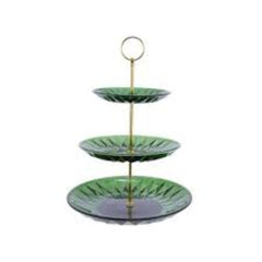 Decoris 3 Tier Glass Cake Stand 36cm - Green with Gold Handle