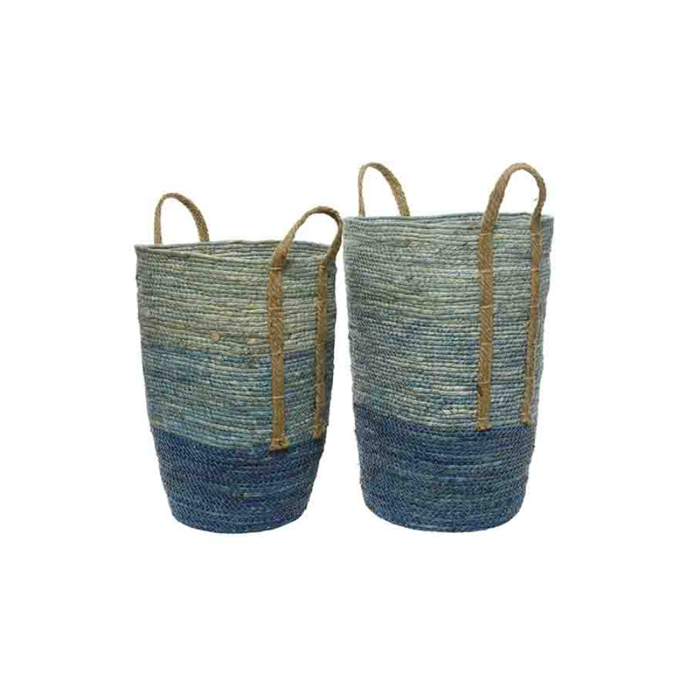 Decoris Rush Grass Basket Set of 2 Round - Blue