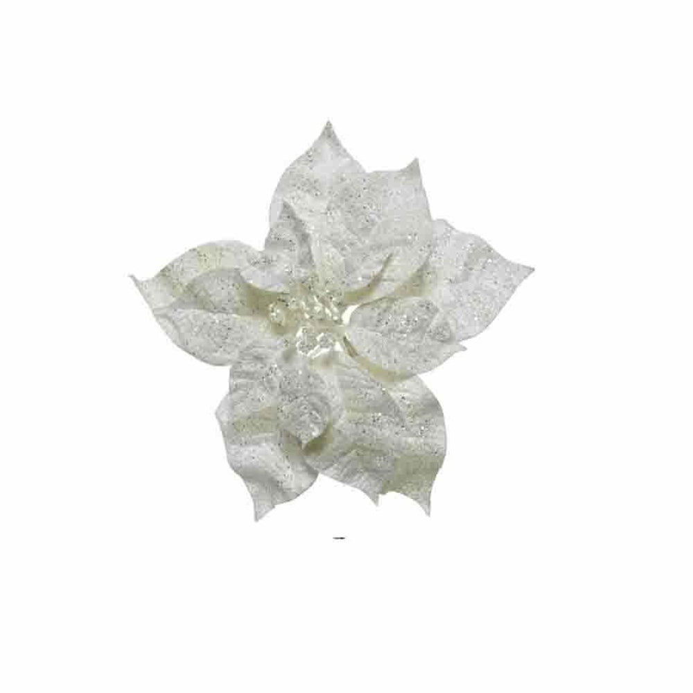 Everlands Clip-On Silk Poinsettia with Glitter 24cm - White