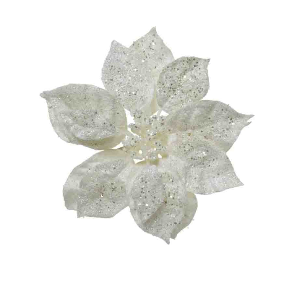 Everlands Clip-On Poinsettia with Glitter 16cm - White