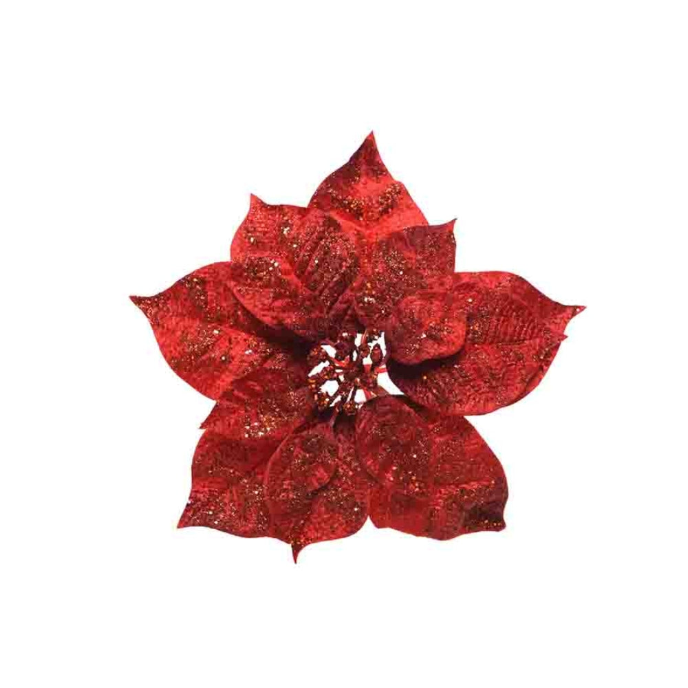 Everlands Clip-On Silk Poinsettia with Glitter 26cm - Red