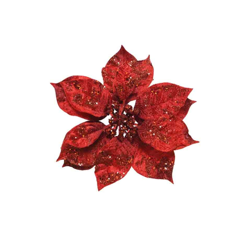 Everlands Clip-On Poinsettia with Glitter 16cm - Red