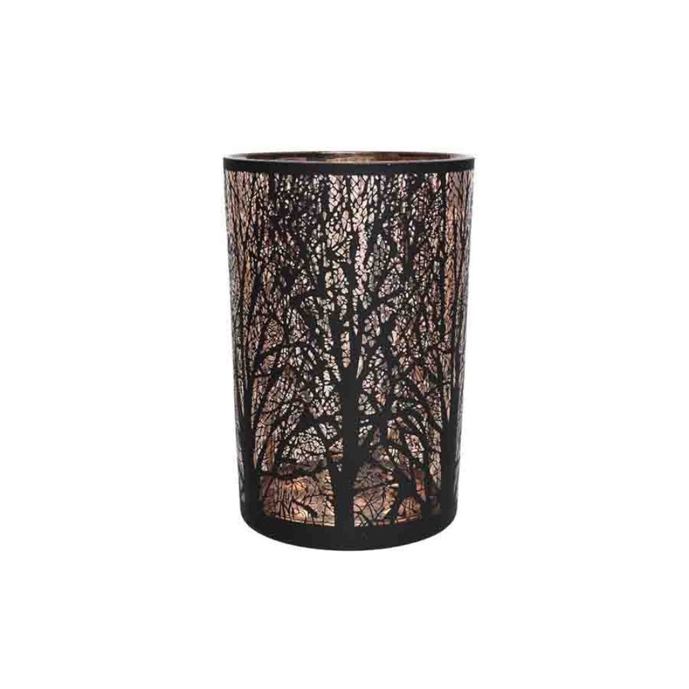 Decoris Glass Tealight Holder with Laser Tree Design 18cm - Black