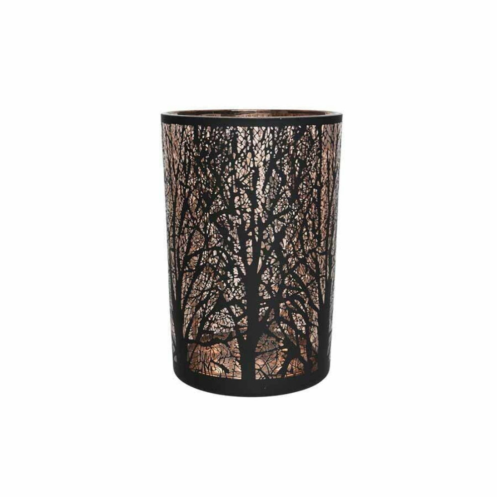 Decoris Glass Tealight Holder with Laser Tree Design 12.5cm - Black