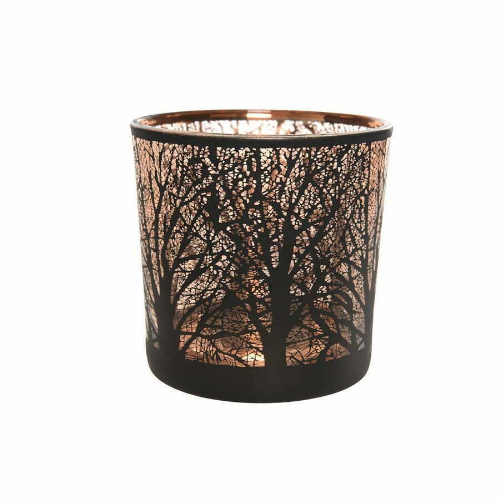 Decoris Glass Tealight Holder with Laser Tree Design 8cm - Black