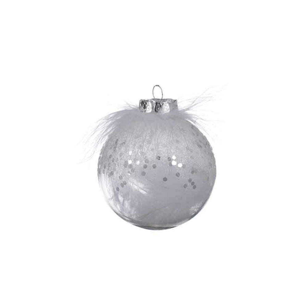 Decoris Shatterproof Bauble with Feathers and Silver Dots 8cm - Transparent