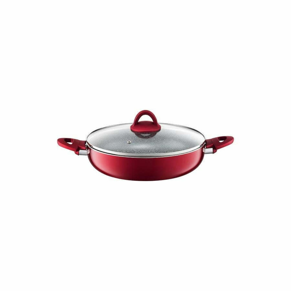 Ambition Jasper Deep Frying Pan with Lid with Qualum Basic Stone Coating 28cm - Red