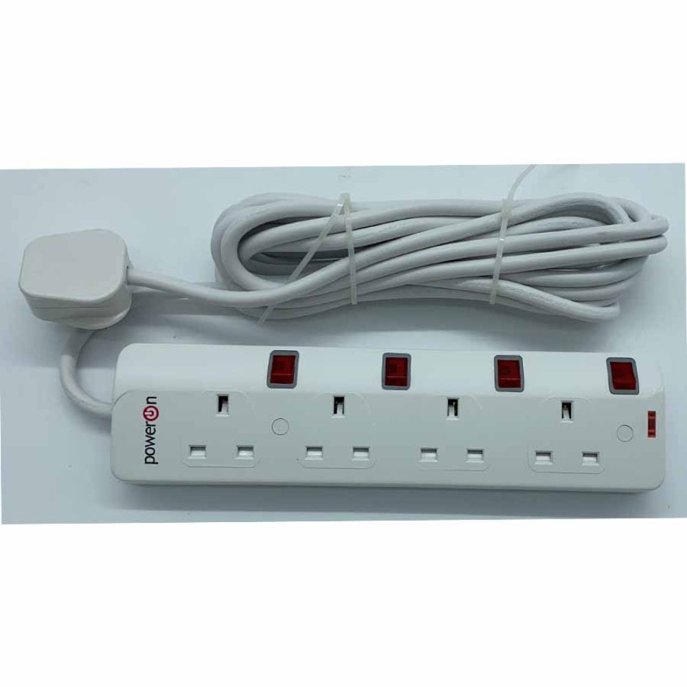 Power-On 4 Gang BS Extension Socket with 3m Cable 13A