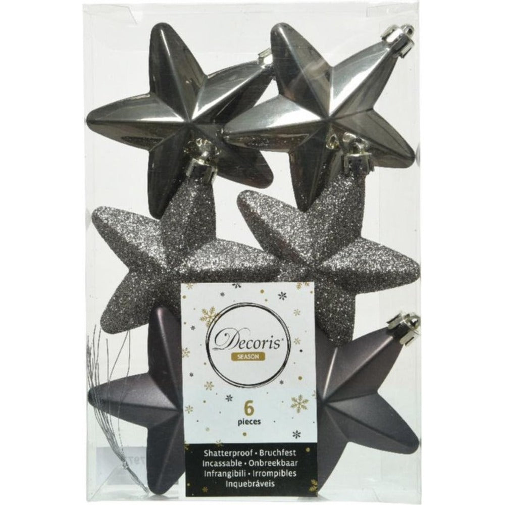 Decoris Shatterproof Star Baubles Box of 6 - Warm Grey