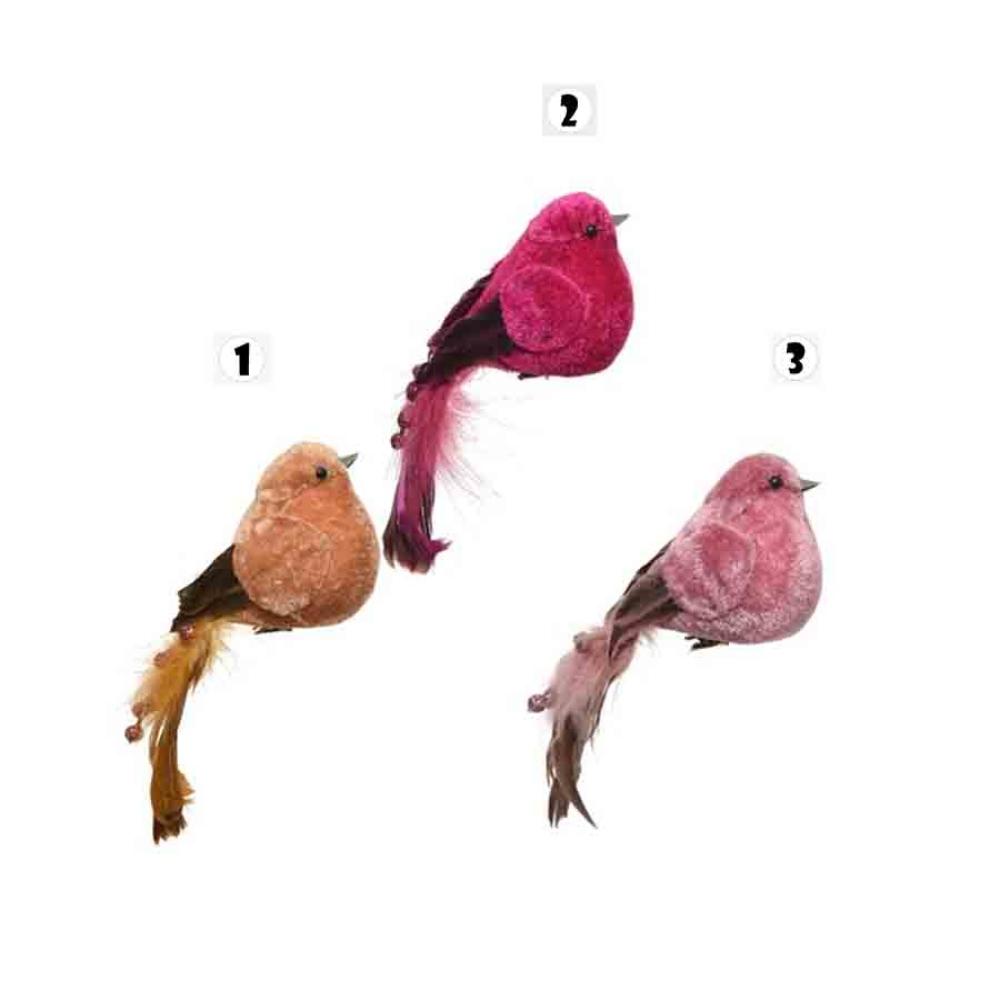 Decoris Clip-On Polyester Bird with Velvet, Feathers and Glitter 16cm - 3 Assorted Colours