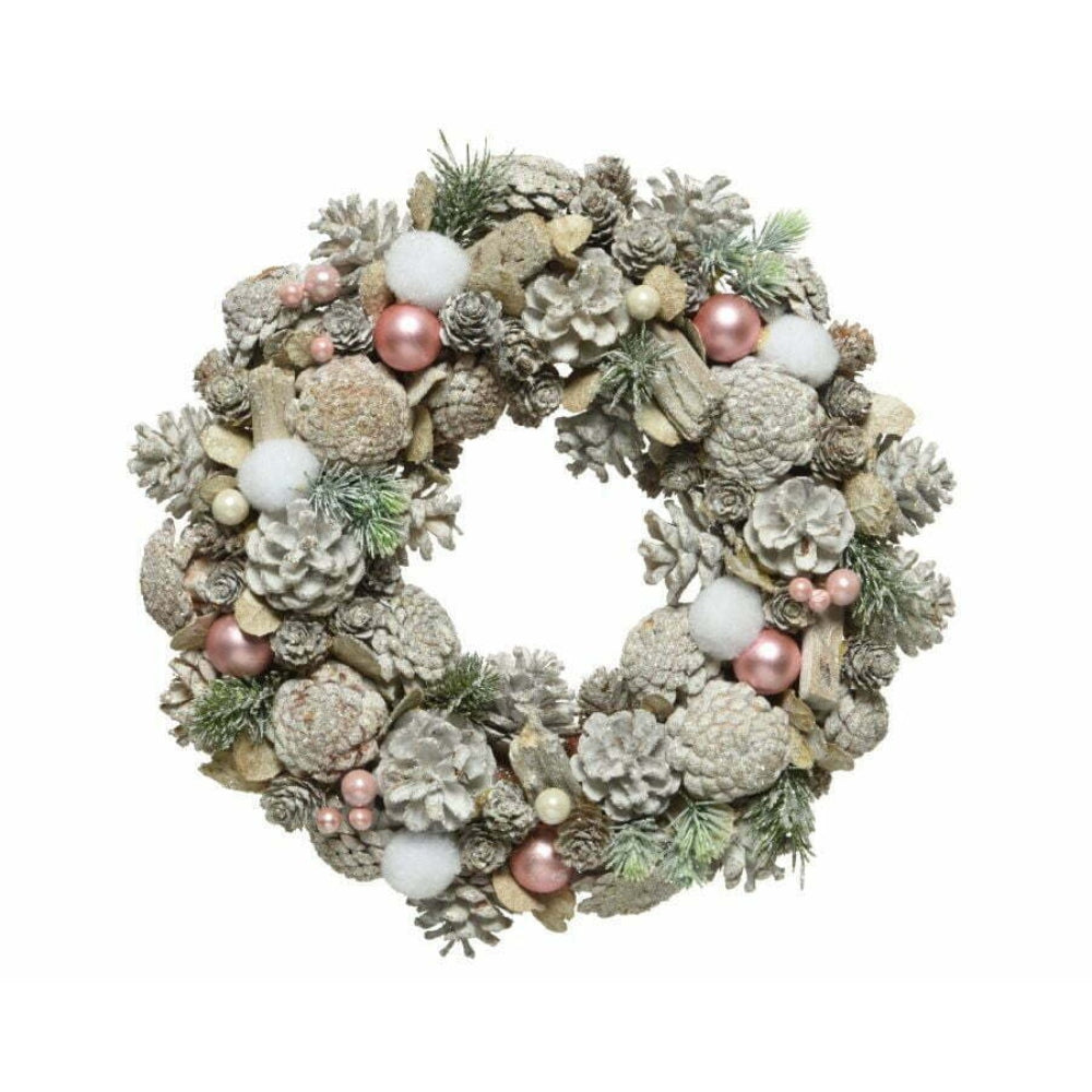 Decoris Frosted Wreath with Pinecones, Baubles and Pearls 35cm - Whitewash with Pink