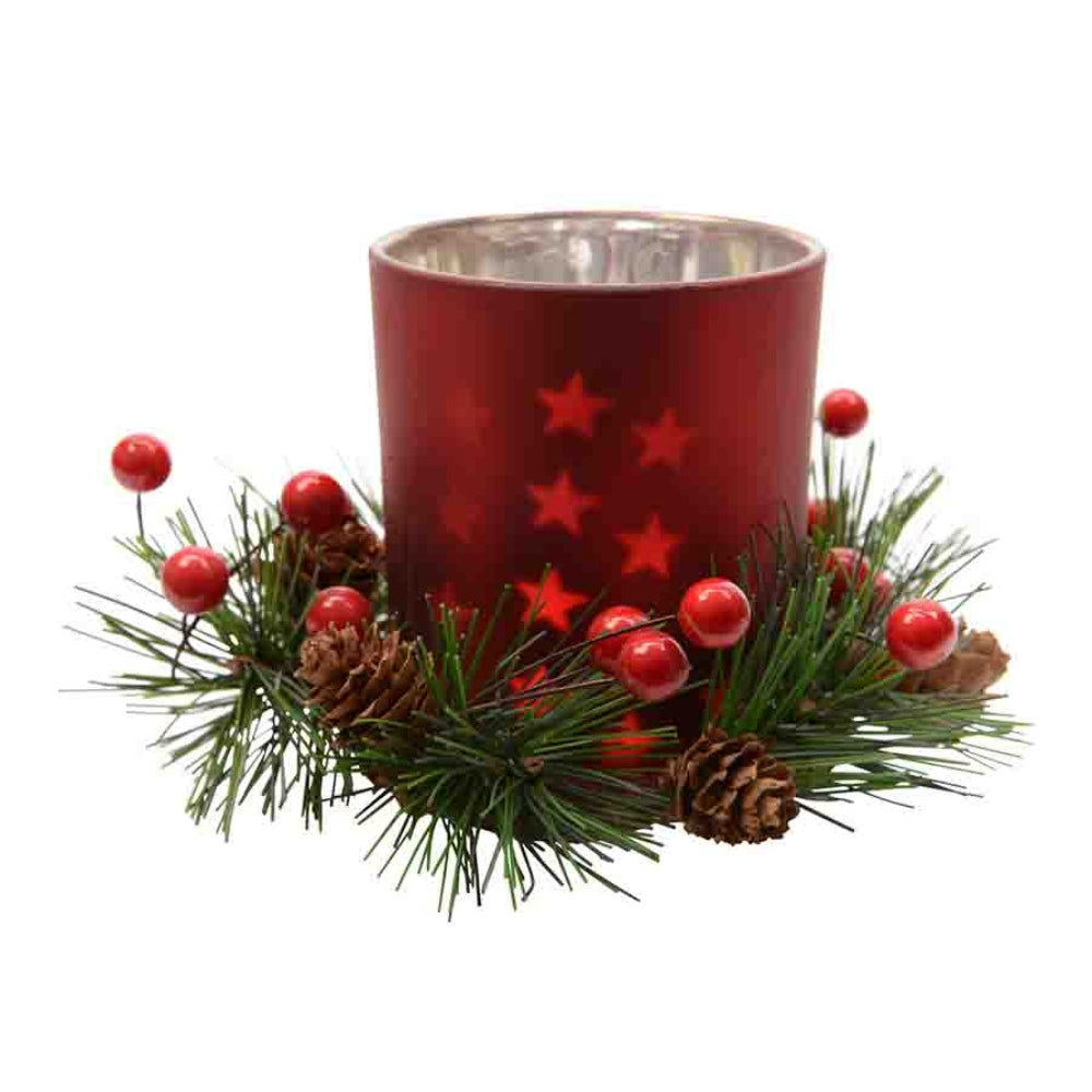 Decoris Glass Tealight Holder with Berries and Pinecones - Red