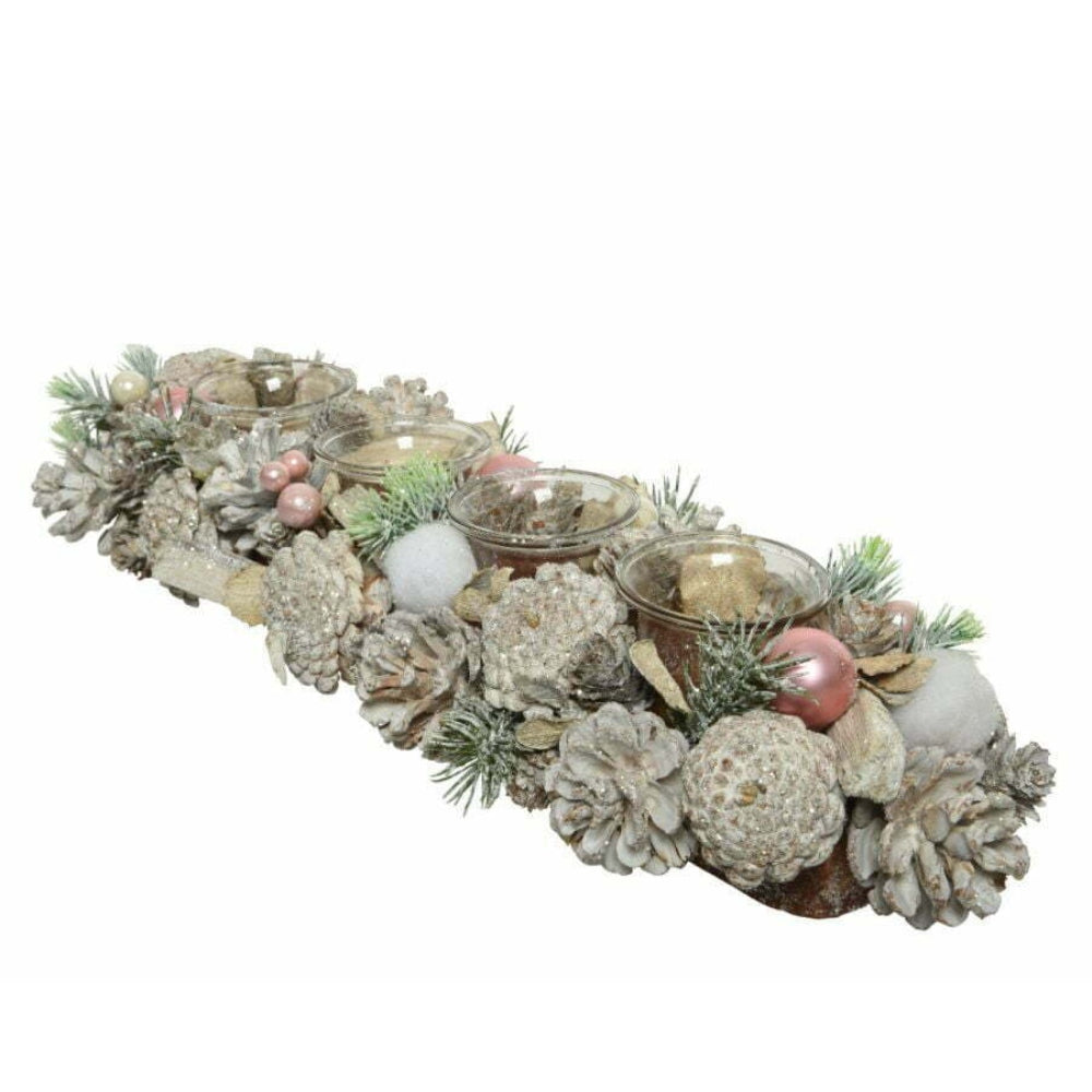 Decoris Tealight Holder with Pinecones, Baubles and Pearls 46cm - Pink